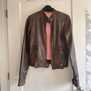 Brown Leather Biker Jacket with Pink Lining